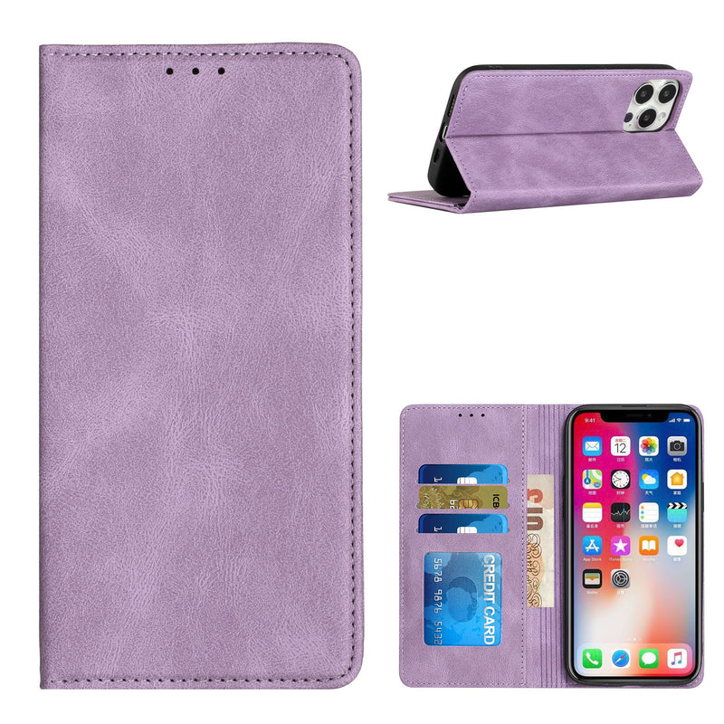 For iPhone 14 PLUS Wallet Premium PU Vegan Leather ID Card Money Holder with Magnetic Closure - Purple