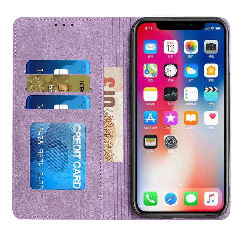 For iPhone 14 PLUS Wallet Premium PU Vegan Leather ID Card Money Holder with Magnetic Closure - Purple