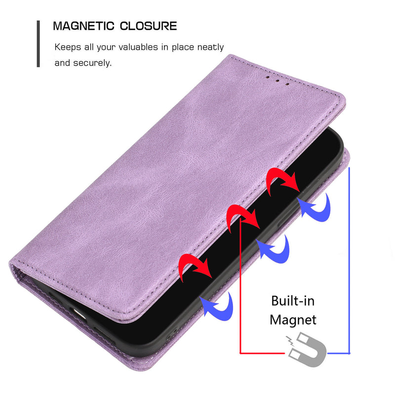 For iPhone 14 PLUS Wallet Premium PU Vegan Leather ID Card Money Holder with Magnetic Closure - Purple