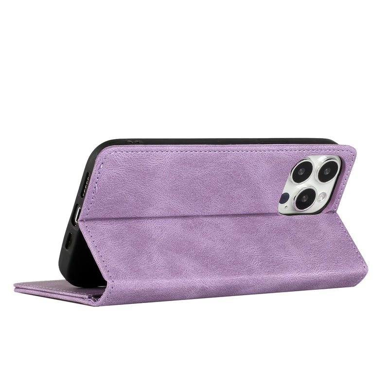 For iPhone 14 PLUS Wallet Premium PU Vegan Leather ID Card Money Holder with Magnetic Closure - Purple