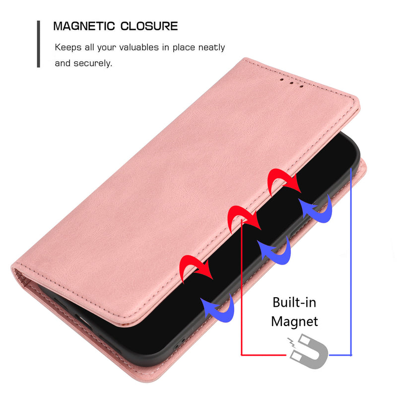 For Apple iPhone 14 PRO MAX 6.7" Wallet Premium PU Vegan Leather ID Card Money Holder with Magnetic Closure - Rose Gold