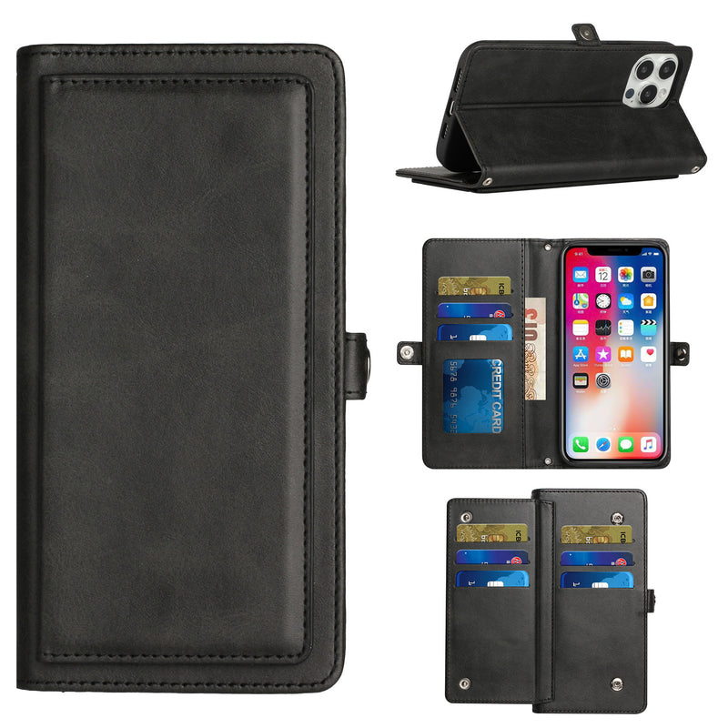 For iPhone 14 PLUS Wallet Premium PU Vegan Leather ID Multiple Card Holder Money with Strap - Black