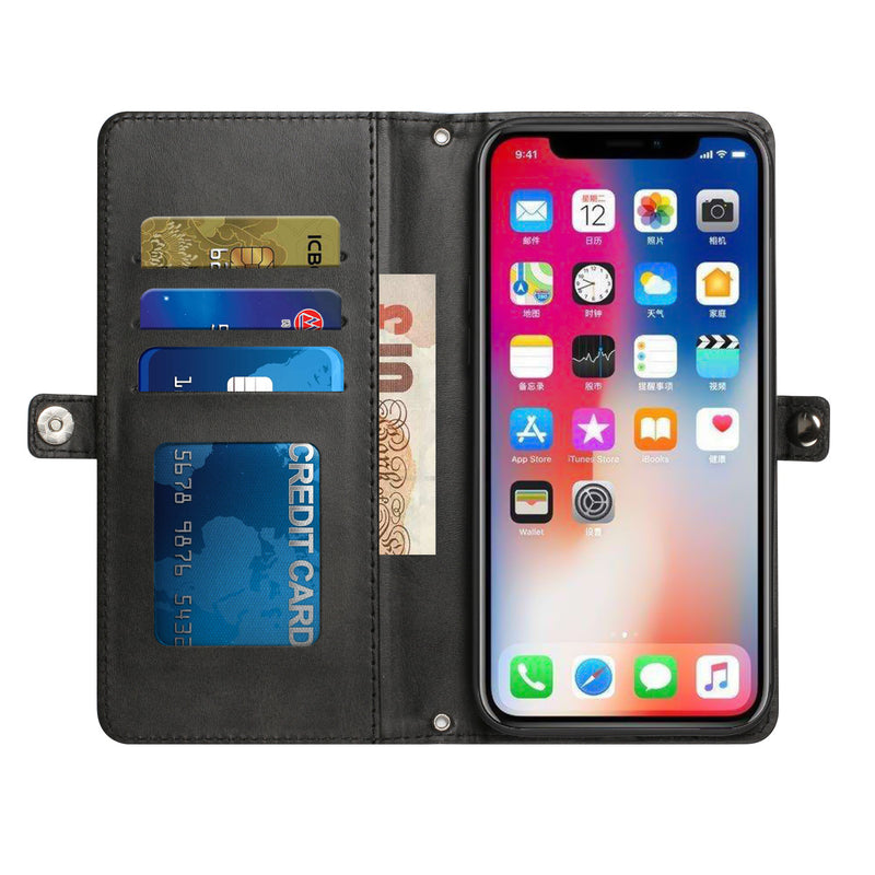 For iPhone 14 PLUS Wallet Premium PU Vegan Leather ID Multiple Card Holder Money with Strap - Black