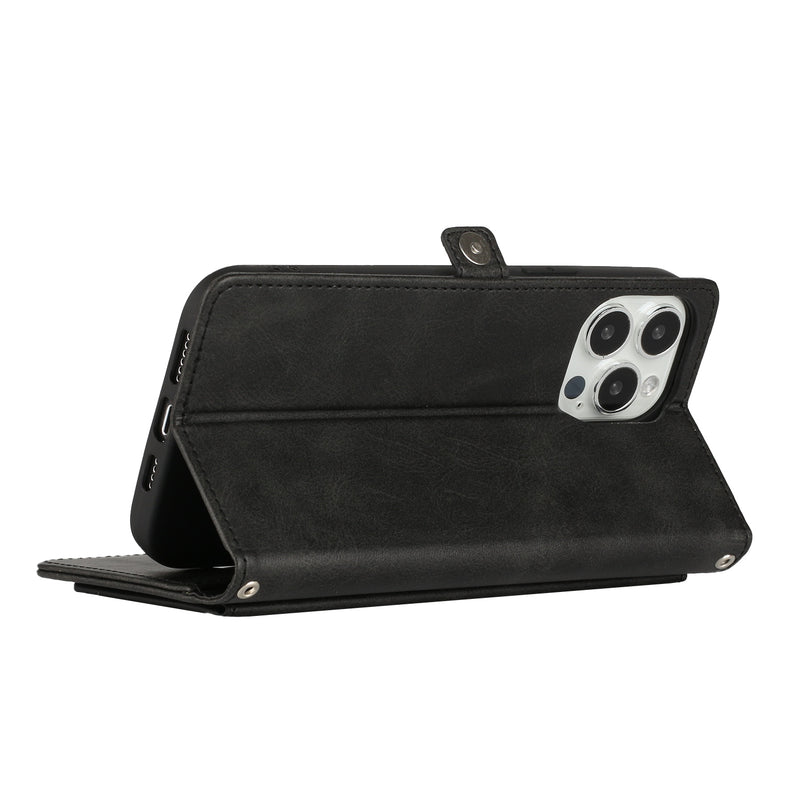 For iPhone 14 PLUS Wallet Premium PU Vegan Leather ID Multiple Card Holder Money with Strap - Black