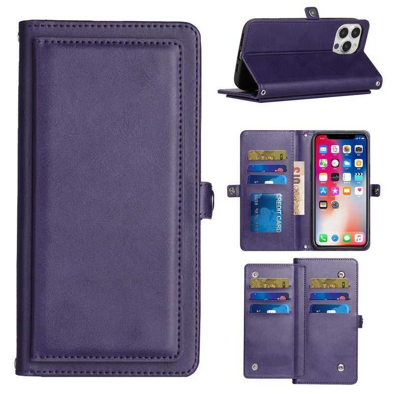 For iPhone 14 PLUS Wallet Premium PU Vegan Leather ID Multiple Card Holder Money with Strap - Dark Purple