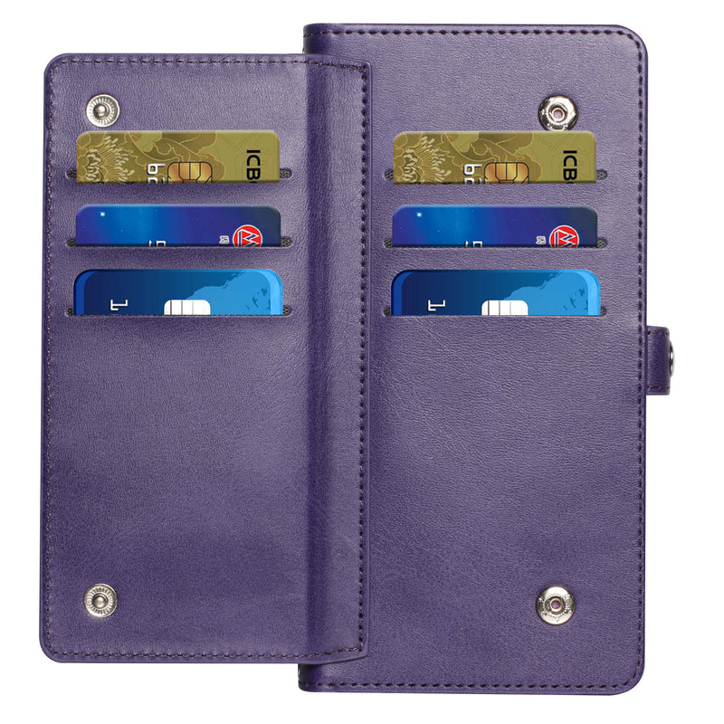 For iPhone 14 PLUS Wallet Premium PU Vegan Leather ID Multiple Card Holder Money with Strap - Dark Purple