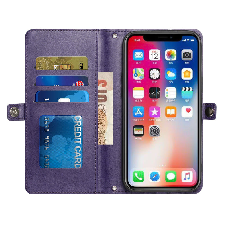 For iPhone 14 PLUS Wallet Premium PU Vegan Leather ID Multiple Card Holder Money with Strap - Dark Purple