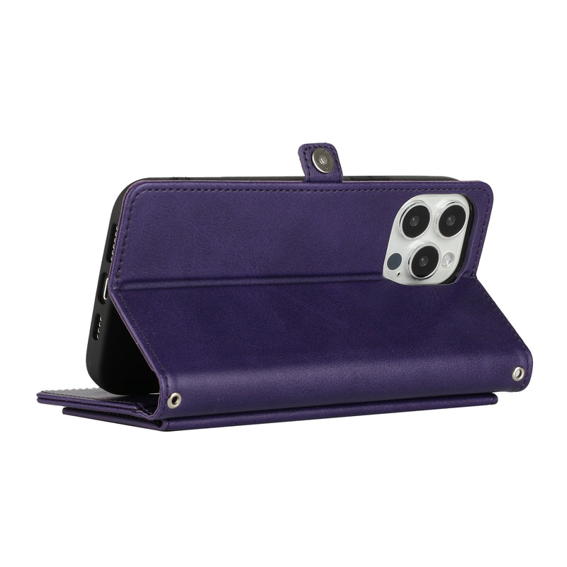 For iPhone 14 PLUS Wallet Premium PU Vegan Leather ID Multiple Card Holder Money with Strap - Dark Purple