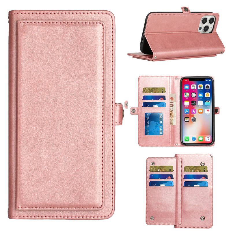 For iPhone 14 PLUS Wallet Premium PU Vegan Leather ID Multiple Card Holder Money with Strap - Rose Gold