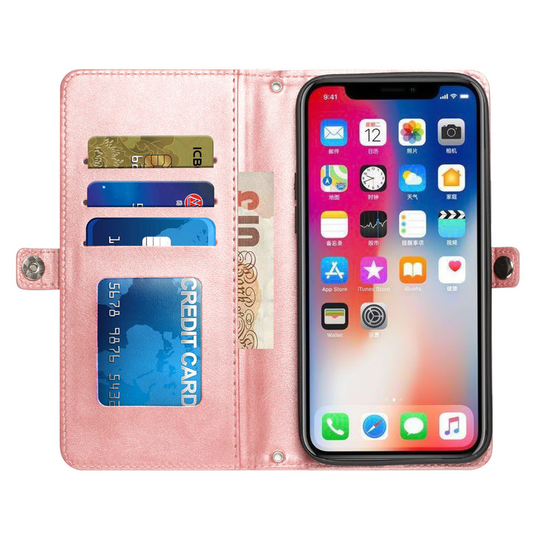 For Apple iPhone 14 PRO 6.1" Wallet Premium PU Vegan Leather ID Multiple Card Holder Money with Strap - Rose Gold