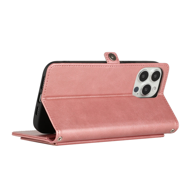 For iPhone 14 PLUS Wallet Premium PU Vegan Leather ID Multiple Card Holder Money with Strap - Rose Gold