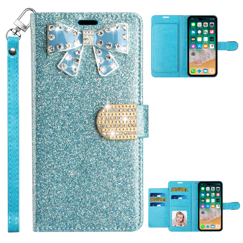 For Apple iPhone 14 PRO 6.1" Bow Glitter Ornament Shimmer Wallet Case with Lanyard - Baby Blue