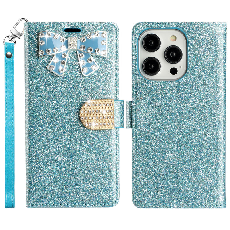 For Apple iPhone 14 PRO 6.1" Bow Glitter Ornament Shimmer Wallet Case with Lanyard - Baby Blue