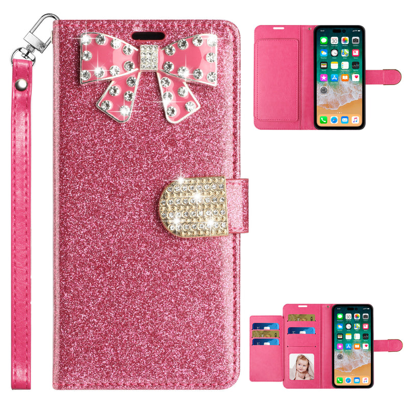 For iPhone 14 PLUS Bow Glitter Ornament Shimmer Wallet Case with Lanyard - Hot Pink