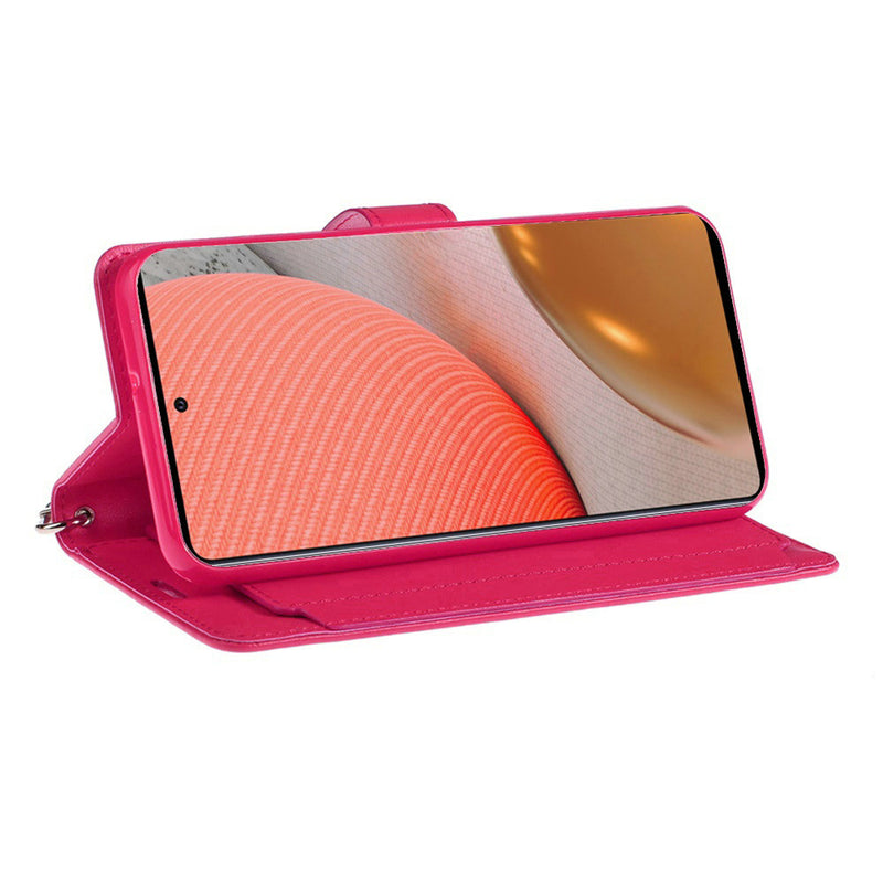 For Samsung Galaxy A72 5G Wallet ID Card Holder Case Cover - Hot Pink