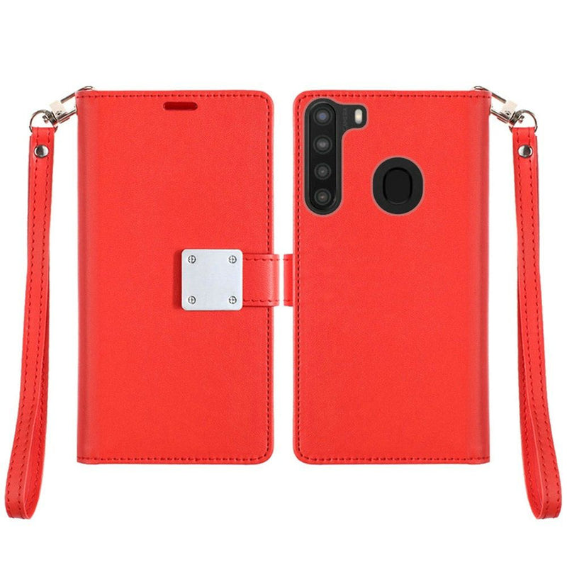 For Samsung Galaxy A21 Wallet ID Card Holder Case Cover - Red