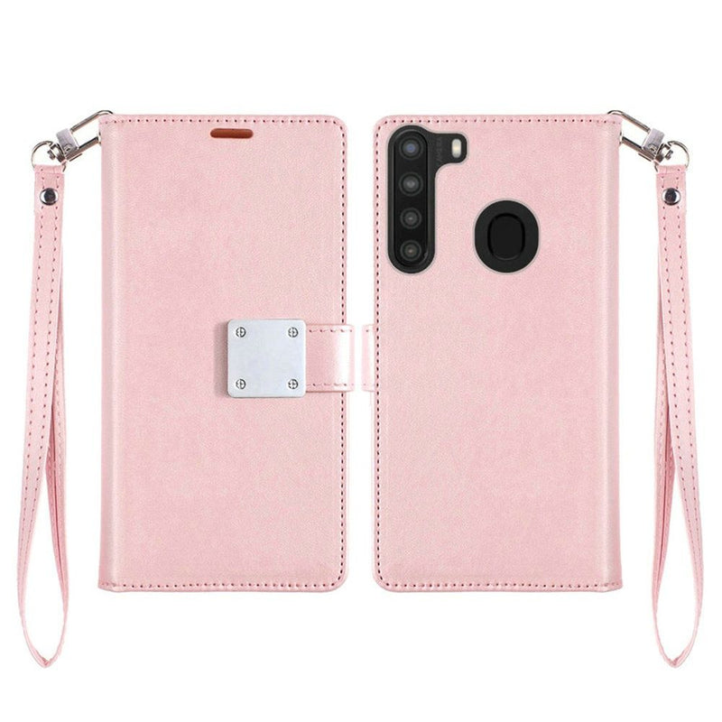 For Samsung Galaxy A21 Wallet ID Card Holder Case Cover - Rose Gold