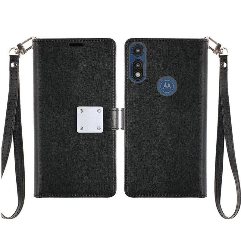 For Motorola Moto E (2020) Wallet ID Card Holder Case Cover - Black
