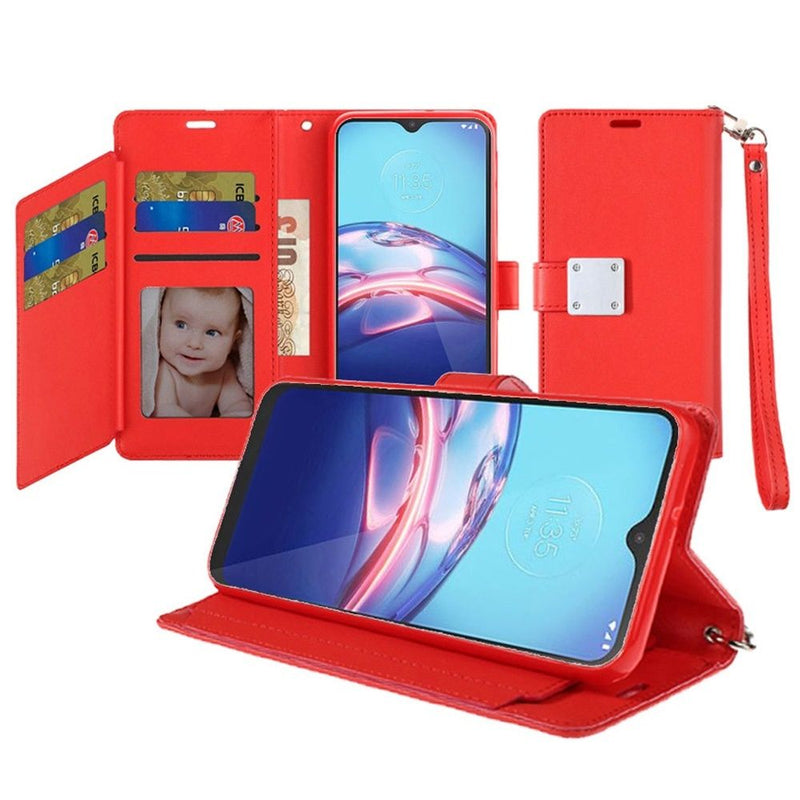 For Motorola Moto E (2020) Wallet ID Card Holder Case Cover - Red