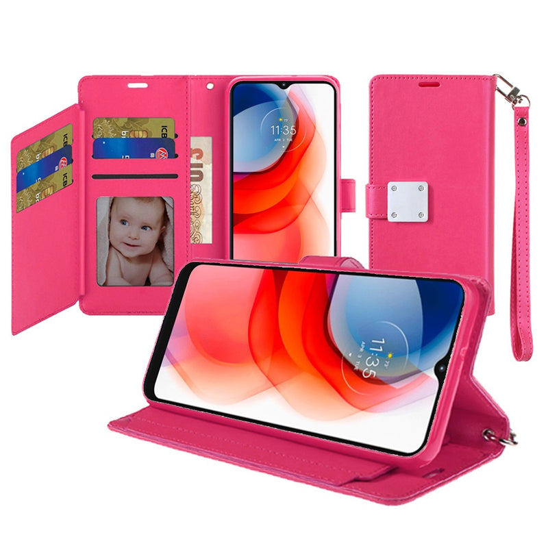 For Moto G Stylus 2021 Wallet ID Card Holder Case Cover - Hot Pink