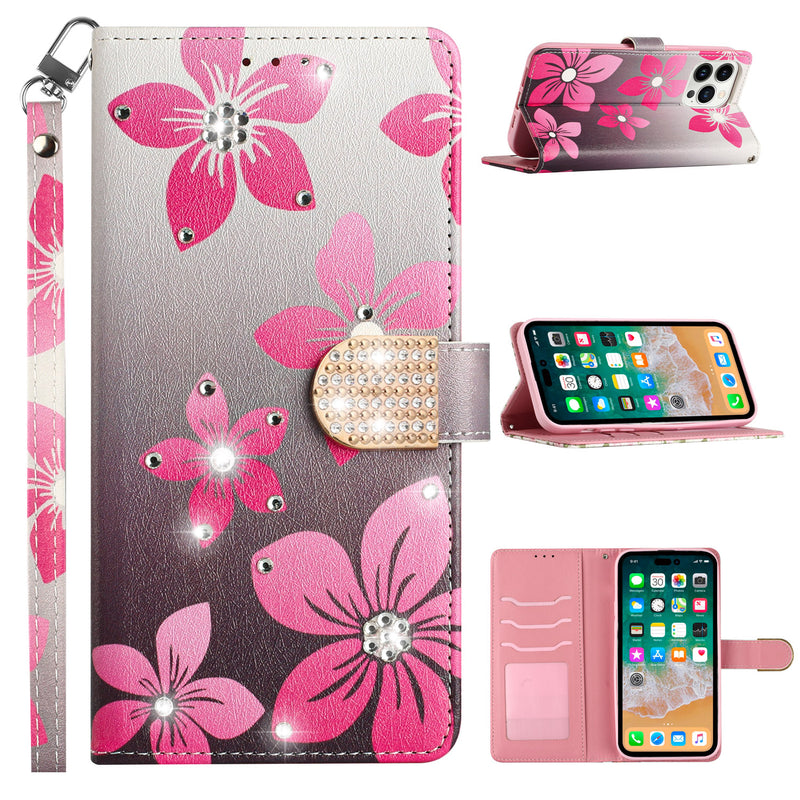 For Apple iPhone 14 PRO 6.1" Diamond Bling Design Wallet With Lanyard Cover Case - Blooming Flower