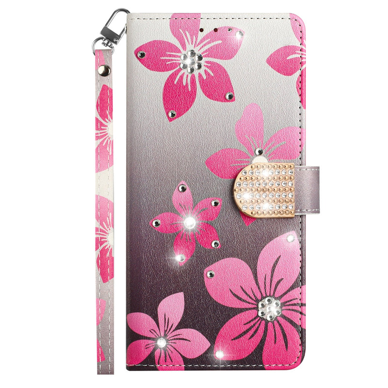 For Apple iPhone 14 PRO 6.1" Diamond Bling Design Wallet With Lanyard Cover Case - Blooming Flower