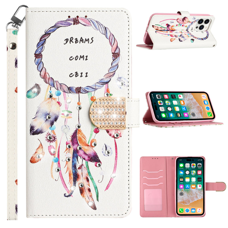 For Apple iPhone 14 PRO 6.1" Diamond Bling Design Wallet With Lanyard Cover Case - Dreams Come True