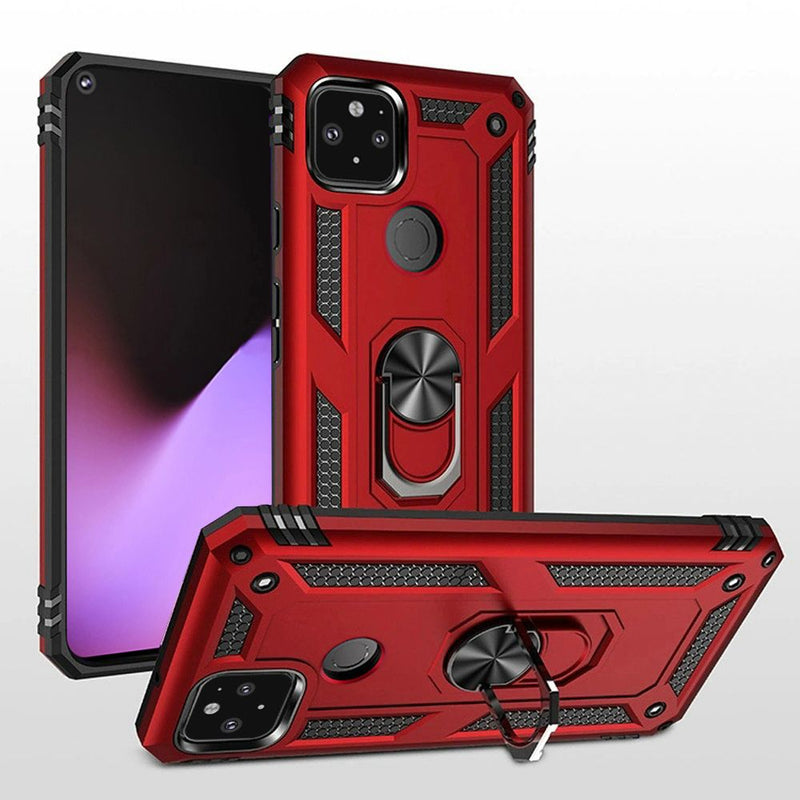 For Google Pixel 5 Magnetic Ring Kickstand Hybrid Case Cover - Red