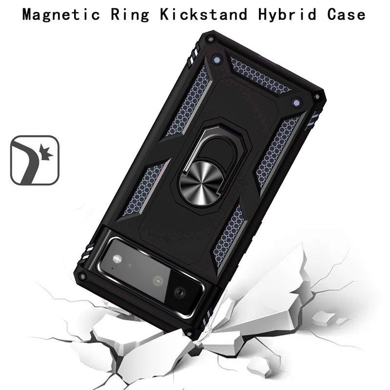 For Google Pixel 6 Magnetic Ring Kickstand Hybrid Case Cover - Black