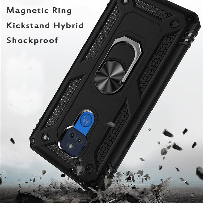 For Motorola Moto G Play 2021 Magnetic Ring Kickstand Hybrid Case Cover - Black