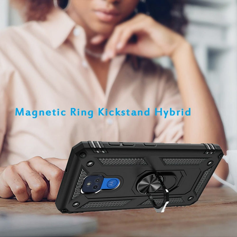 For Motorola Moto G Play 2021 Magnetic Ring Kickstand Hybrid Case Cover - Black