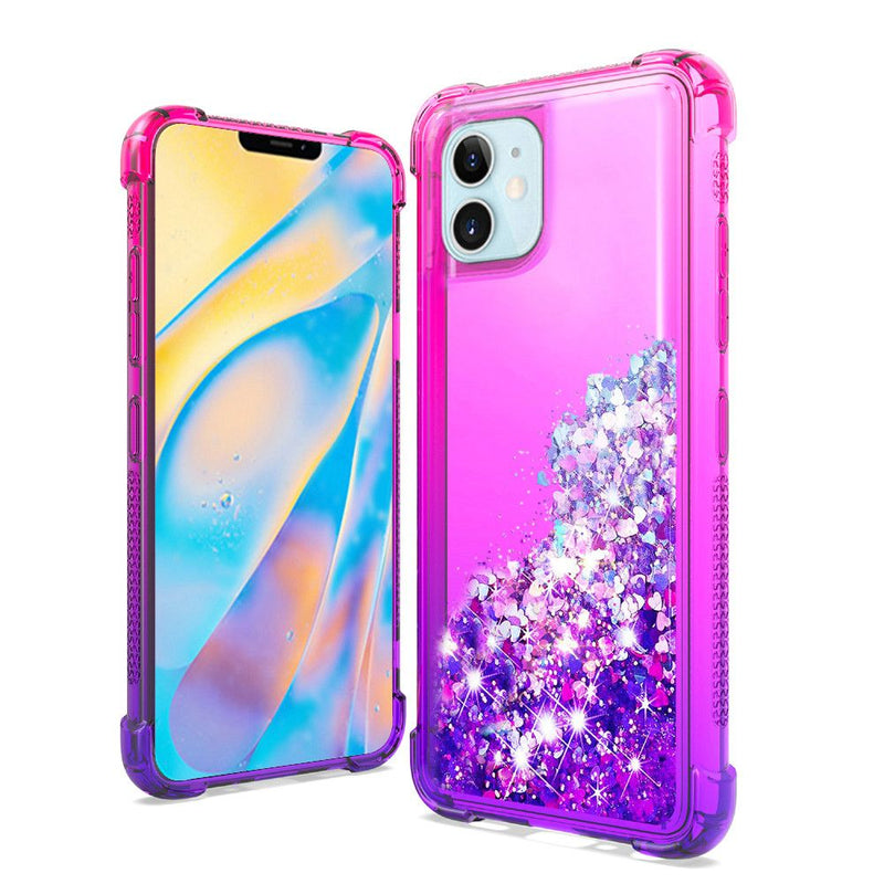 For iPhone 12 Mini 5.4 Two-Tone Glitter Quicksand Case Cover - Hot Pink+Purple