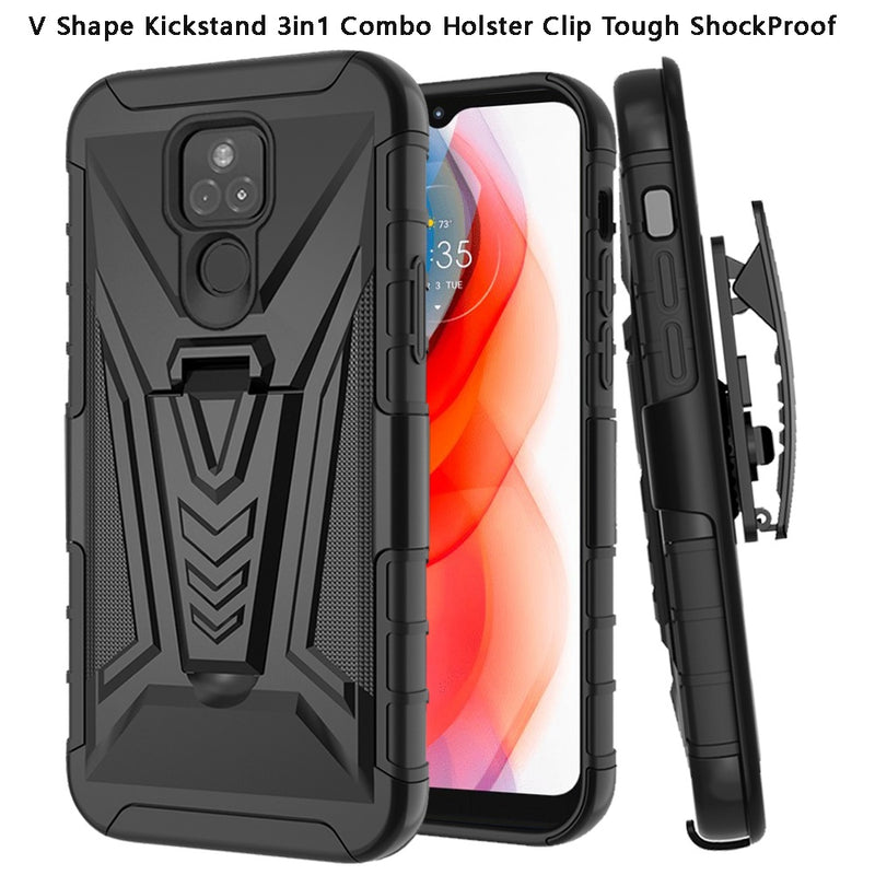 For Motorola Moto G Play 2021 V 3in1 Combo Kickstand Holster Cover Case - Black