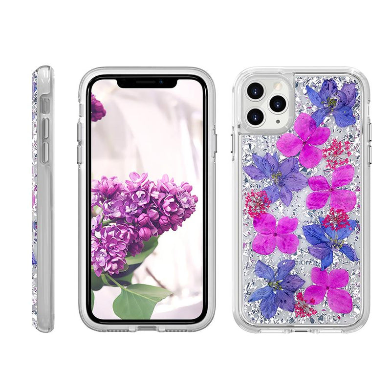 Real Dried Flower Transparent Hybrid Case For iPhone 11 Pro - Purple/Turquoise