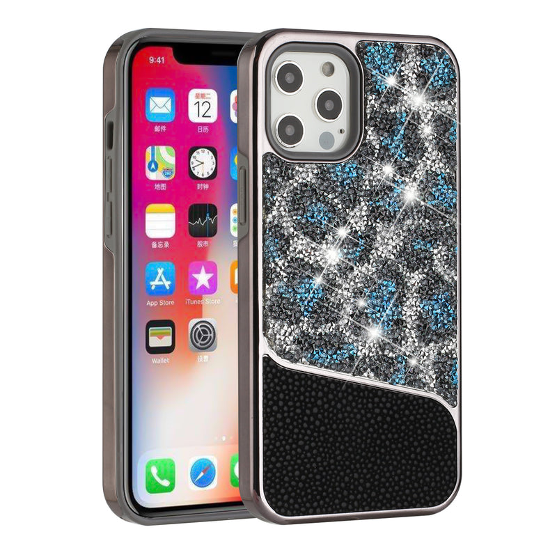 For iPhone 13 Pro Max Bling Animal Design Glitter Hybrid Case Case - Blue Leopard