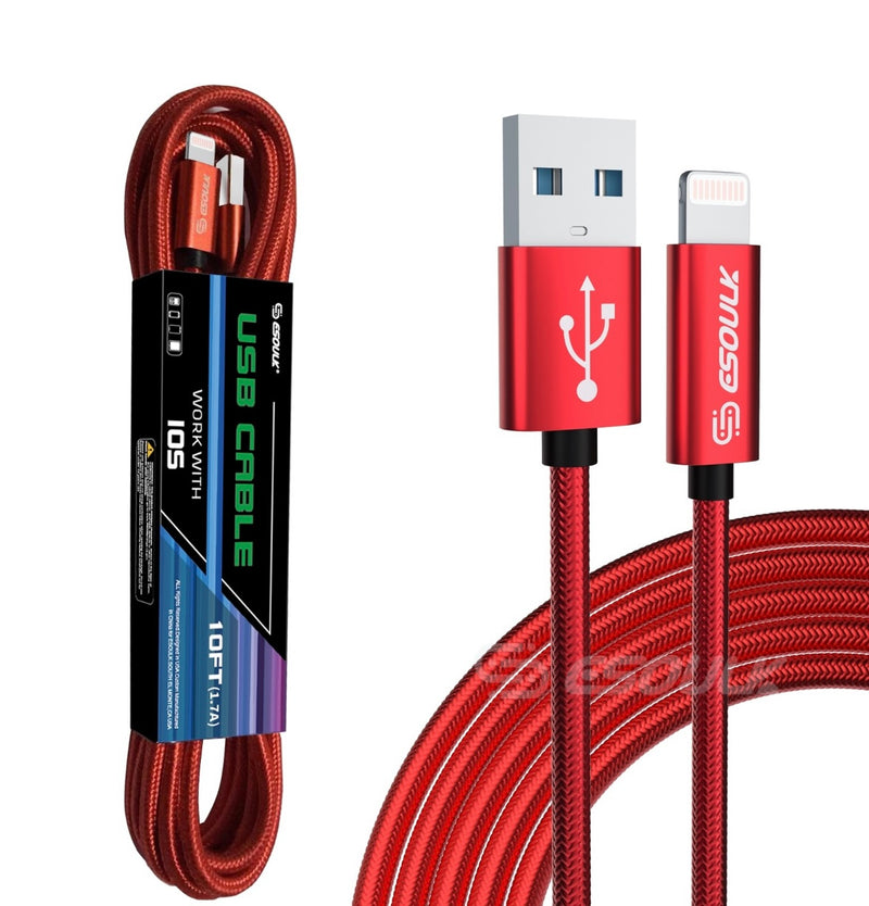 EC45L-IP-RD: Esoulk 10FT USB Cable For IPhone XS/XR/XS MAX 1.7A-Red