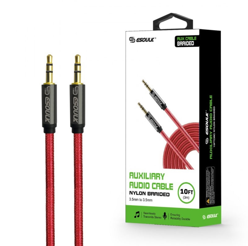 EC31P-AX-RD: Esoulk 3M [10ft] Nylon Fabric Tangle-Free Male To Male 3.5mm Auxiliary Cable Red