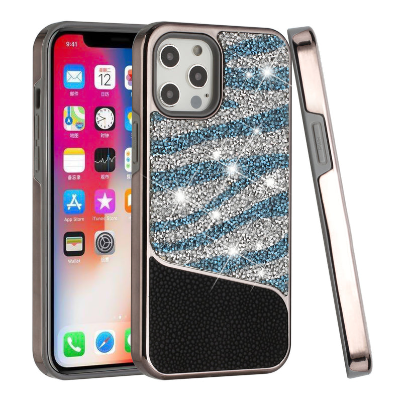 For iPhone 13 Pro Max Bling Animal Design Glitter Hybrid Case Case - Blue Zebra