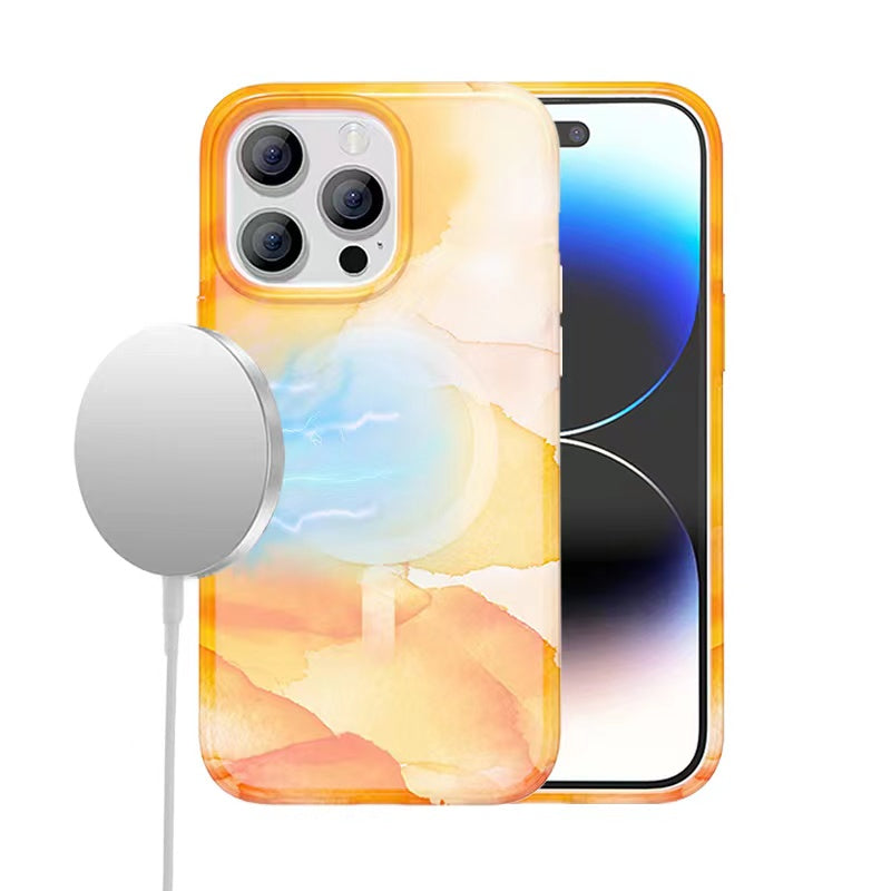 For Apple iPhone 14 PRO 6.1" MagSafe Compatible WaterColor Design Gradiant Thick Premium Hybrid Case Cover - Orange