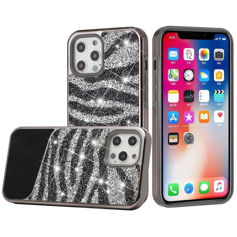 For iPhone 13 Pro Max Bling Animal Design Glitter Hybrid Case Case - Black Zebra