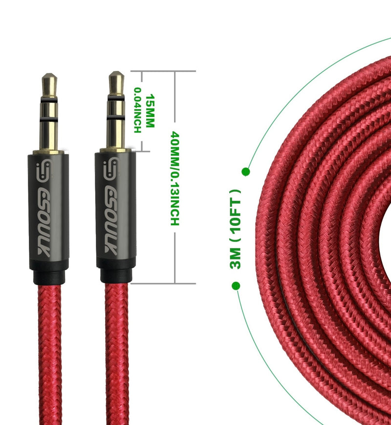 EC31P-AX-RD: Esoulk 3M [10ft] Nylon Fabric Tangle-Free Male To Male 3.5mm Auxiliary Cable Red