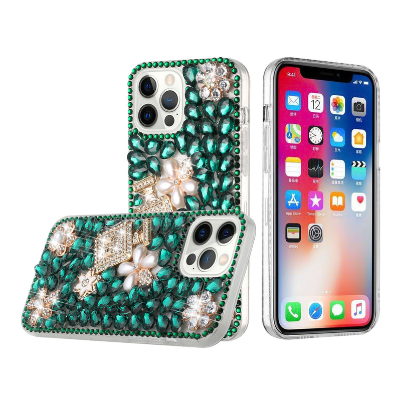 For iPhone 13 Pro Max Full Diamond with Ornaments Case Cover - Pearl Flowers with Perfume Green