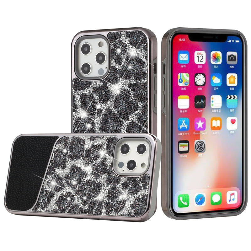 For iPhone 13 Pro Max Bling Animal Design Glitter Hybrid Case Case - Black Leopard