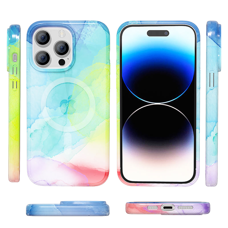 For Apple iPhone 14 PRO 6.1" MagSafe Compatible WaterColor Design Gradiant Thick Premium Hybrid Case Cover - MultiColor