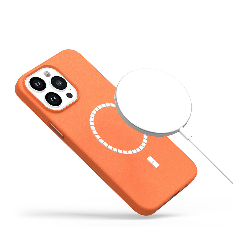 For iPhone 13 Pro Max MagSafe Compatible Original Invisible Circle Premium PU Leather Case With Colored Metal Buttons - Orange