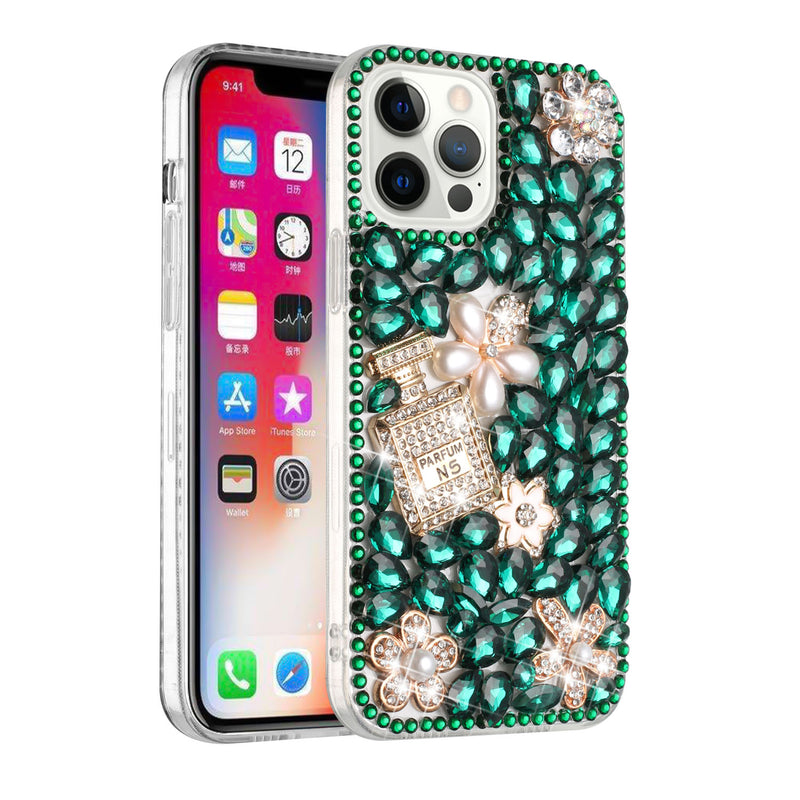 For iPhone 13 Pro Max Full Diamond with Ornaments Case Cover - Pearl Flowers with Perfume Green