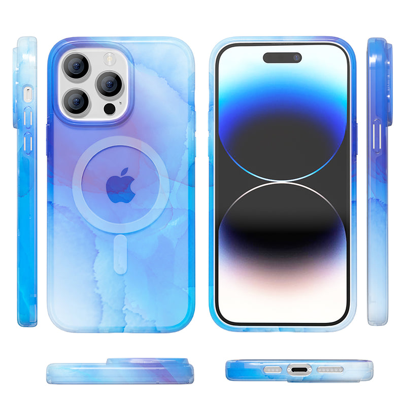 For Apple iPhone 14 PRO 6.1" MagSafe Compatible WaterColor Design Gradiant Thick Premium Hybrid Case Cover - Blue