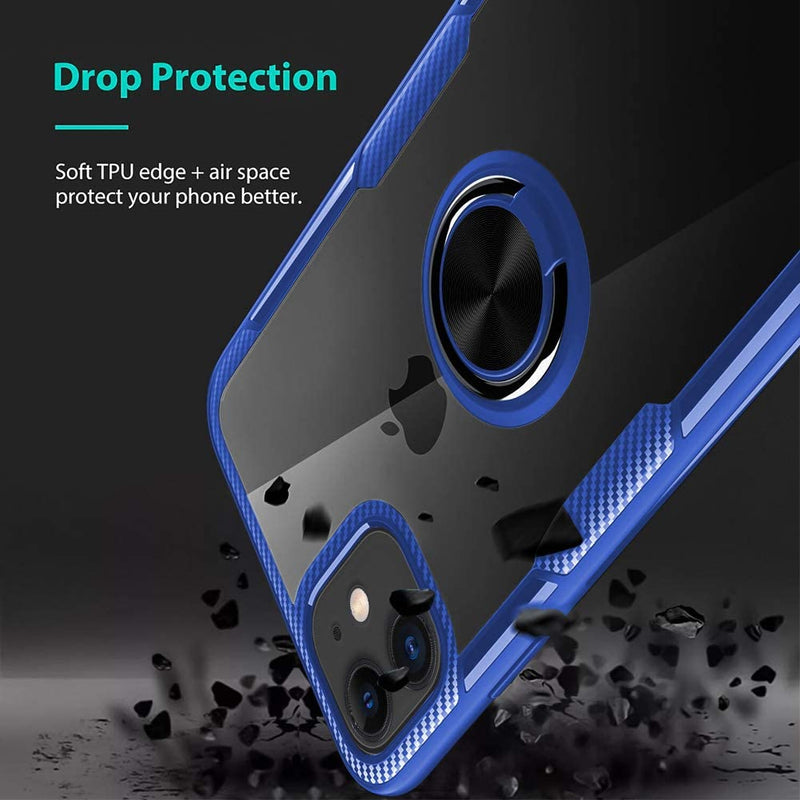 Clear Carbon Fiber Case with Ring Kickstand 360 Degree rotation for iPhone 11 Pro - Blue