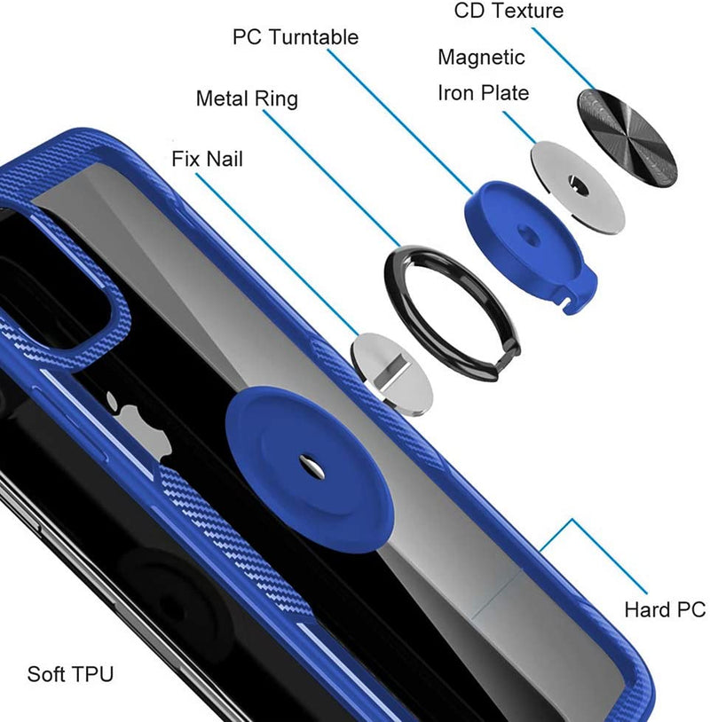 Clear Carbon Fiber Case with Ring Kickstand 360 Degree rotation for iPhone 11 Pro - Blue