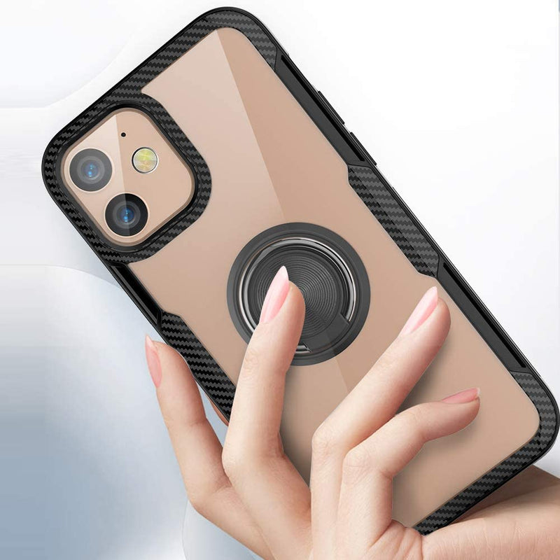Clear Carbon Fiber Case with Ring Kickstand 360 Degree rotation for iPhone 12 Mini (5.4") - Black